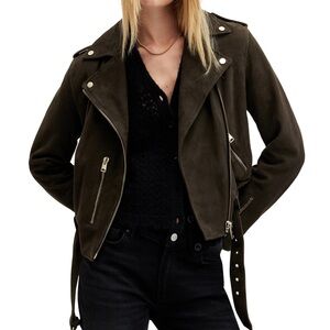 All Saints Suede Balfern Biker Jacket in Tarmac Green